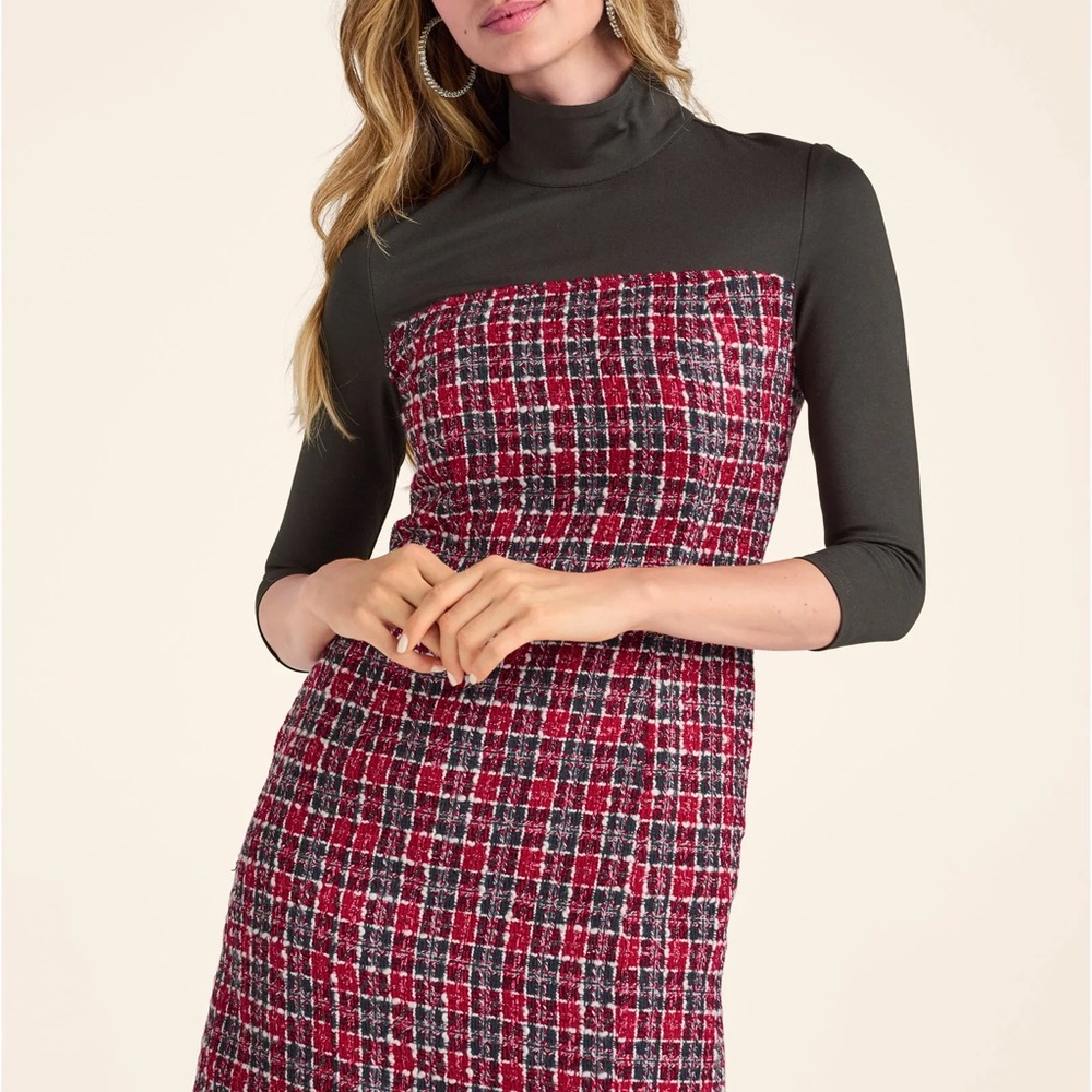 VENUS Long Sleeve Plaid Dress - Red and Black